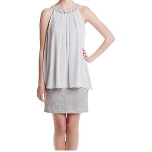 Jessica Howard‎ Silver Lace Dress Sleeveless Party Cocktail Rhinestone